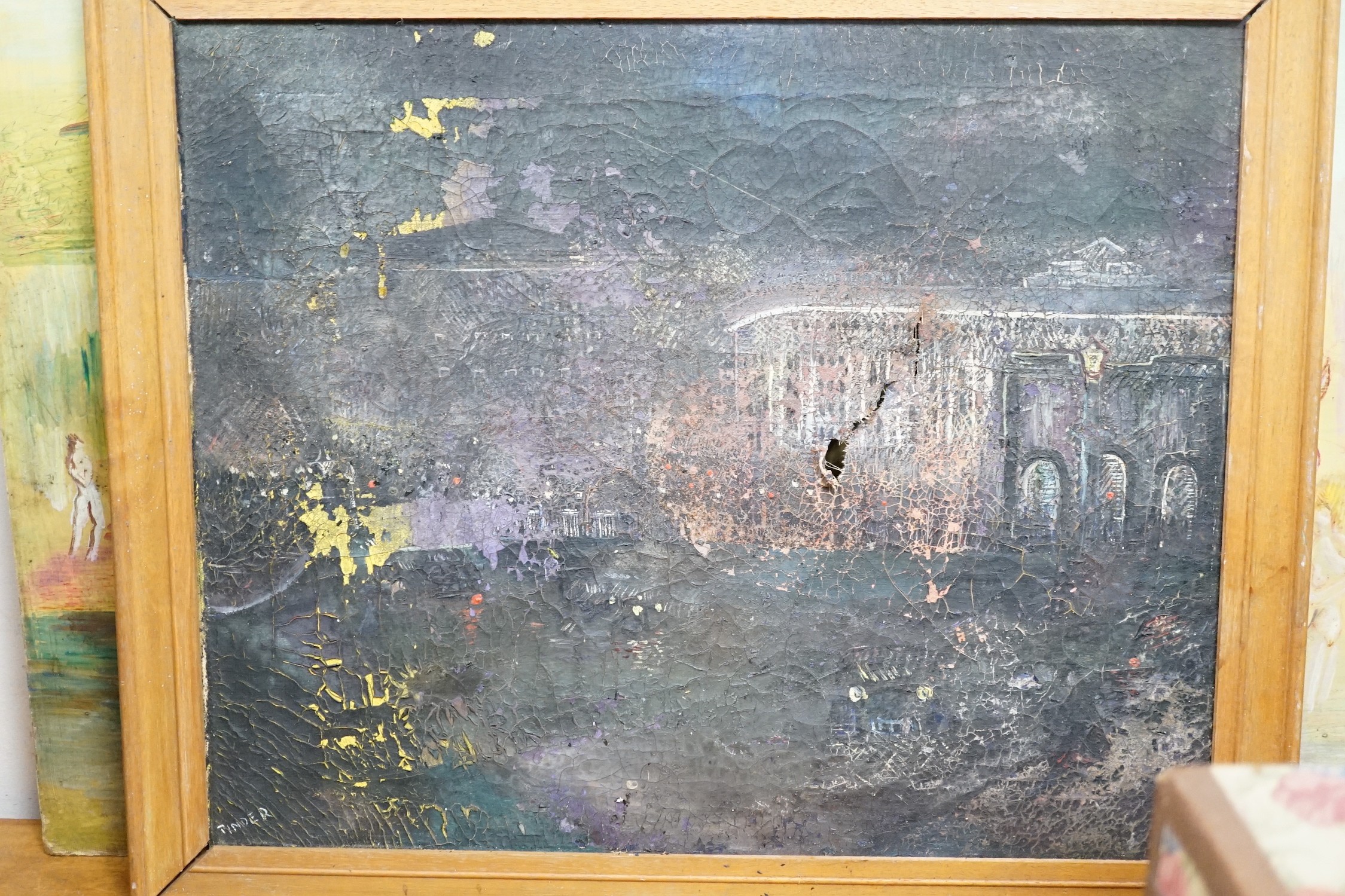 Pinder, three oils, 'Nudes bathing', 'Park scene' and 'Fireworks at night', signed, largest 60 x 91cm (a.f.)
